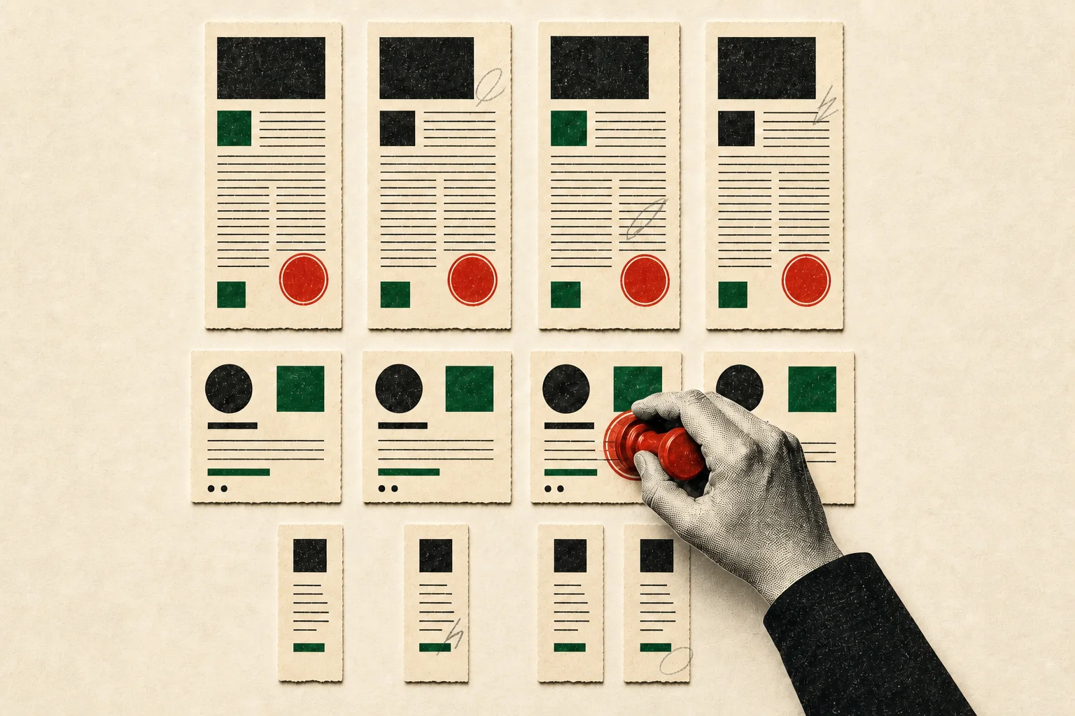 Twelve paper pieces in three formats sit on an approval board while a human hand applies a red stamp.