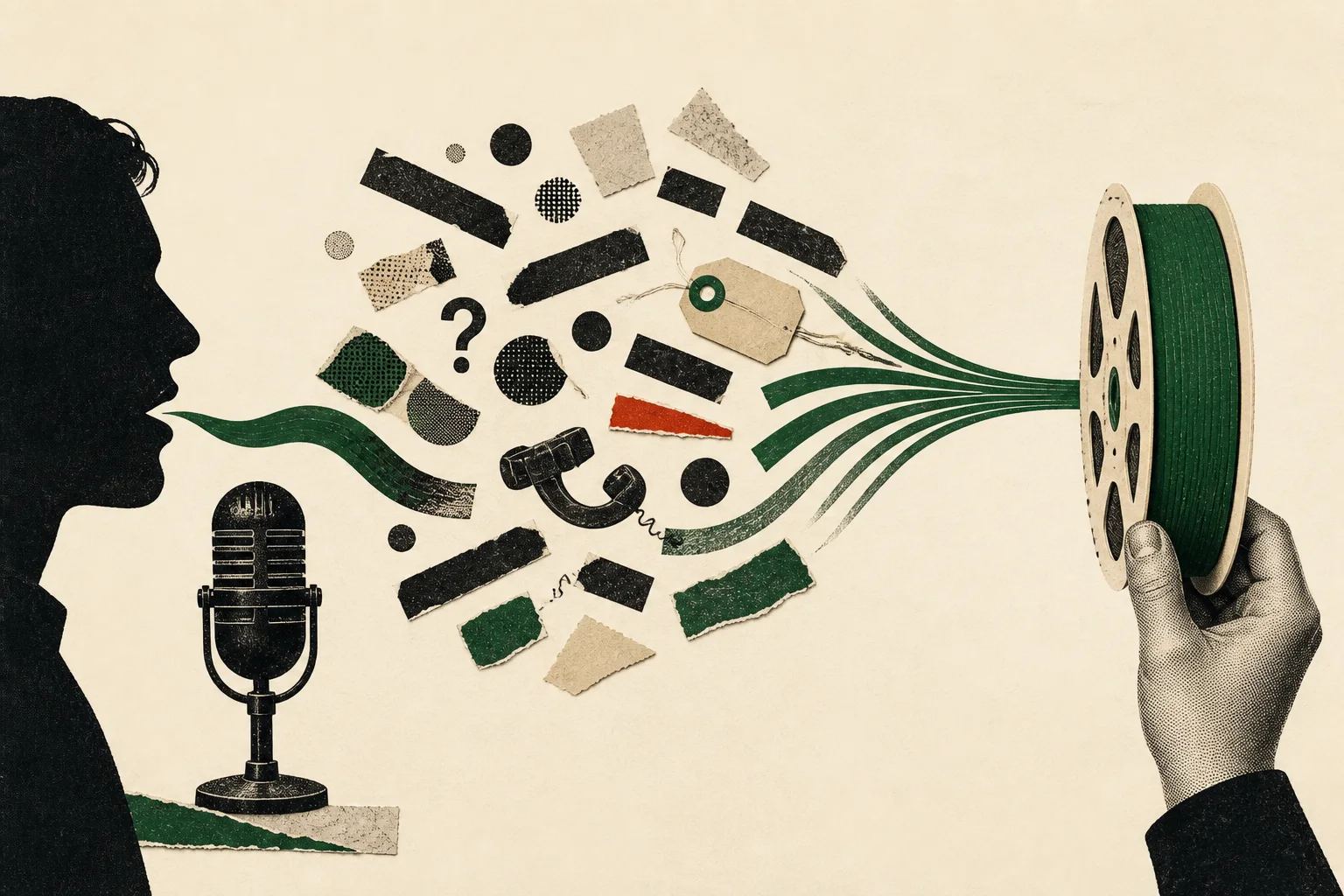 A cut-paper founder speaks a stream of scattered ideas into a microphone while a hand gathers them onto one focused reel.